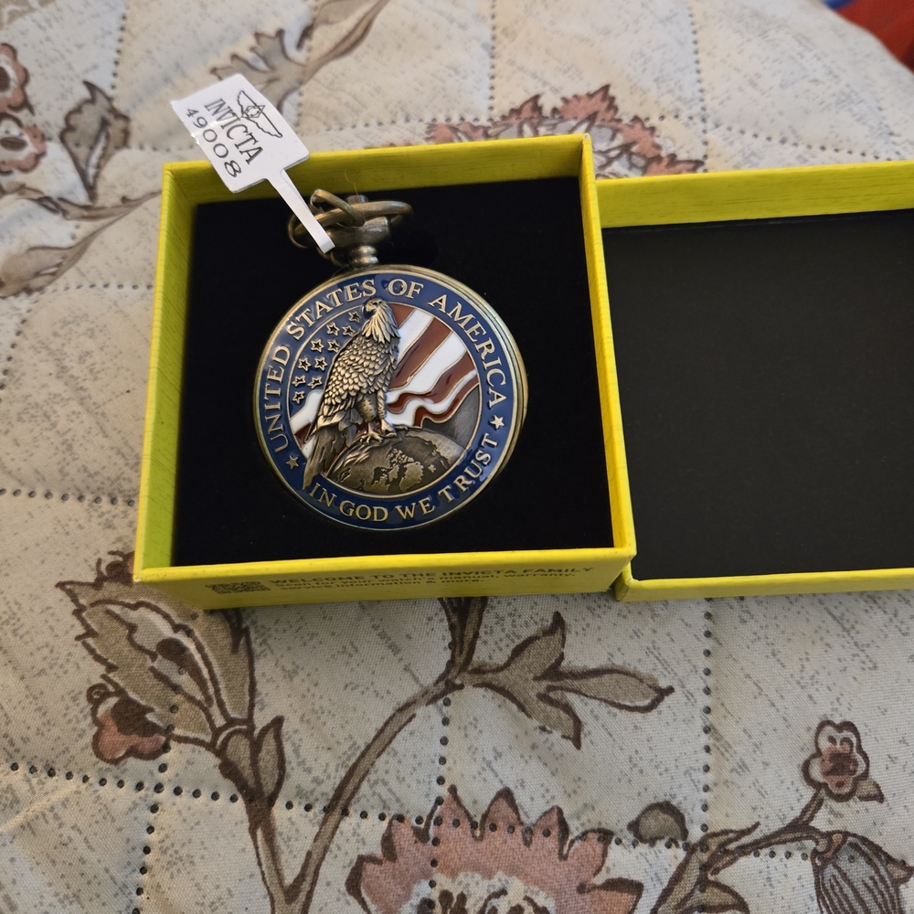 Invicta Men's Pocket Watch Vintage Quartz White Dial Yellow Gold Chain 49008 NEW